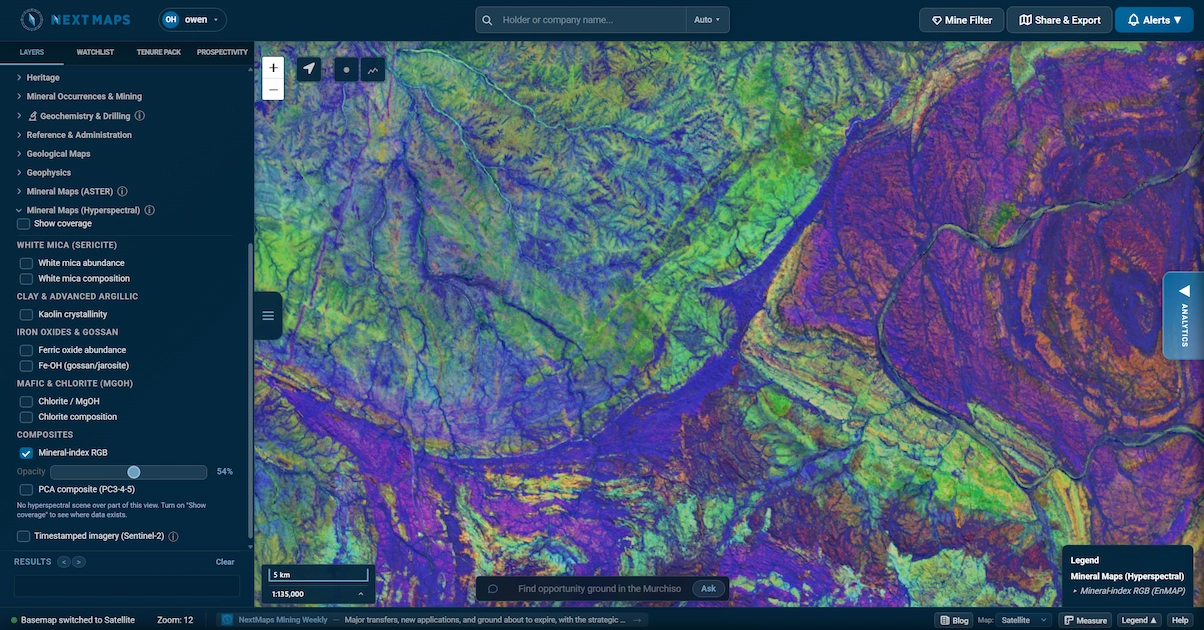 An EnMAP hyperspectral mineral map shown over WA tenure in NextMaps
