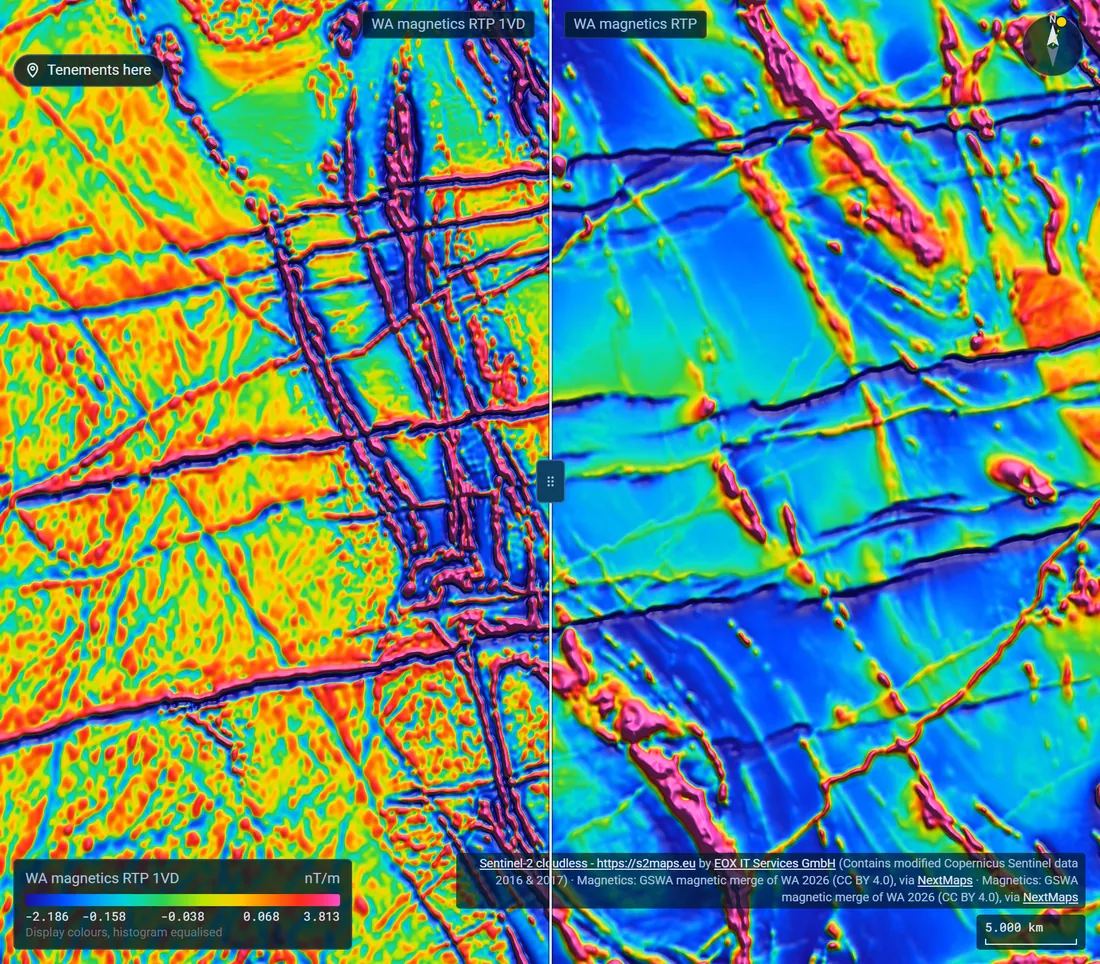 A swipe comparison in Lightbox: the first vertical derivative of the magnetics on the left, the reduced-to-pole magnetics on the right