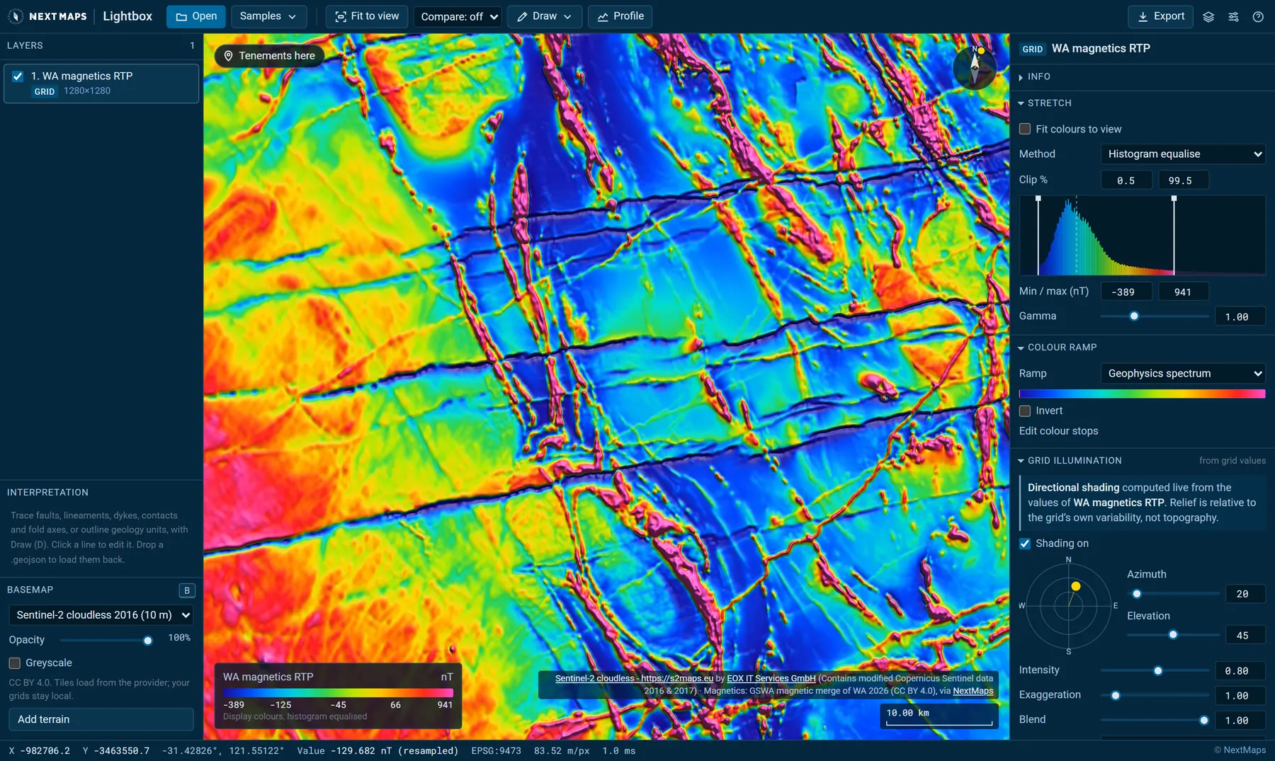 Lightbox showing GSWA reduced-to-pole magnetics over the Widgiemooltha dyke swarm in Western Australia, sun-shaded from the north-north-east, with the stretch, colour ramp and sun controls alongside