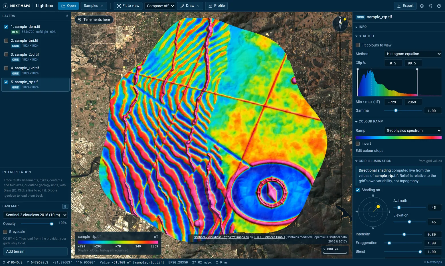 The Lightbox workspace with the sample magnetic set loaded: layers on the left, the map in the middle, the active layer's settings on the right